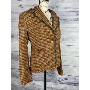 Silkland One Button Tweed Jacket Womens L Brown Pockets Long Sleeve Lapel Collar